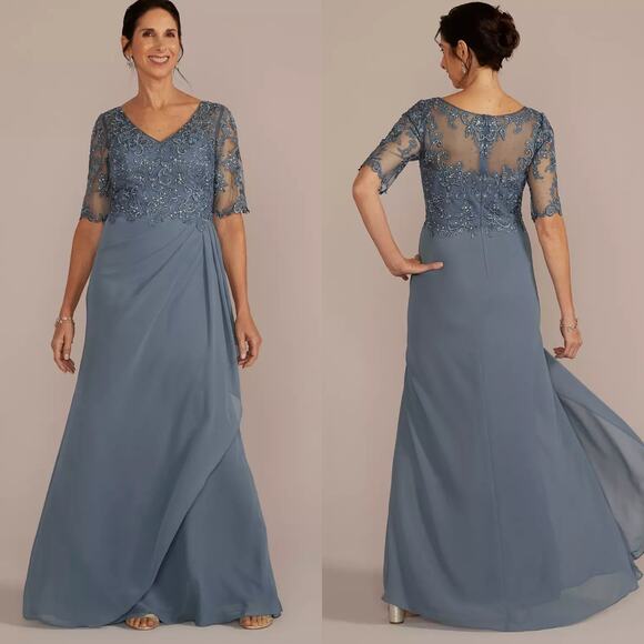 Oleg Cassini Dresses & Skirts - Oleg Cassini Steel Blue Chiffon & Lace Empire Waist Beaded Gown